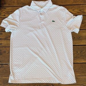 Lacoste White Polo with Tiny Navy & Red Geometric Pattern
